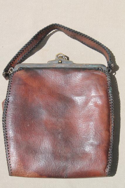 photo of antique tooled leather purse, early 1900s vintage Jemco handbag w/ aesthetic design #8