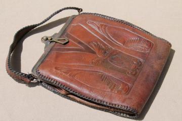 catalog photo of antique tooled leather purse, early 1900s vintage Jemco handbag w/ aesthetic design