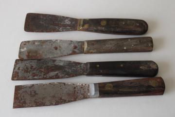 catalog photo of antique tools for plaster or window glazing, wood handled putty knives, spreaders or scrapers 