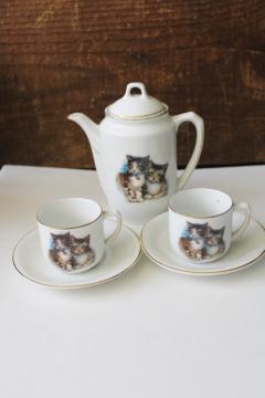 catalog photo of antique toy tea set, childs size china doll dishes w/ kittens, early 1900s vintage Bavaria
