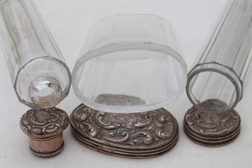 photo of antique train case bottles or vanity table jars w/ sterling silver lids  #4