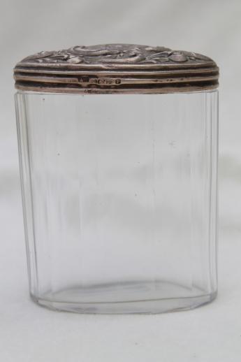 photo of antique train case bottles or vanity table jars w/ sterling silver lids  #5