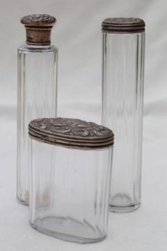 catalog photo of antique train case bottles or vanity table jars w/ sterling silver lids 