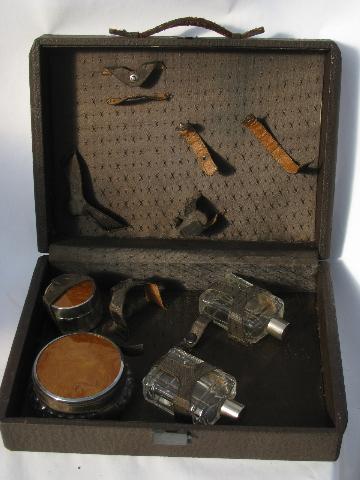 photo of antique train case w/ bottles, vintage sharkskin textured leather luggage #2