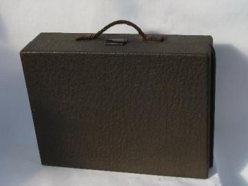 catalog photo of antique train case w/ bottles, vintage sharkskin textured leather luggage