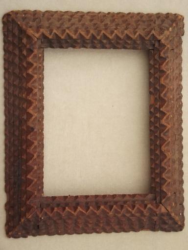 photo of antique tramp art hand carved wood frame, for mirror or picture frame #1