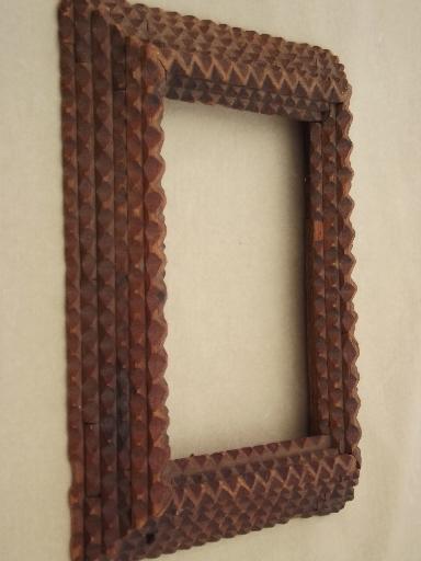 photo of antique tramp art hand carved wood frame, for mirror or picture frame #2