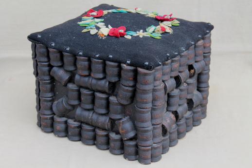 photo of antique tramp art wood spool sewing stool, primitive hassock w/ wool felt flowers #1