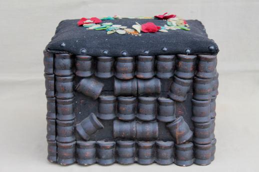 photo of antique tramp art wood spool sewing stool, primitive hassock w/ wool felt flowers #3