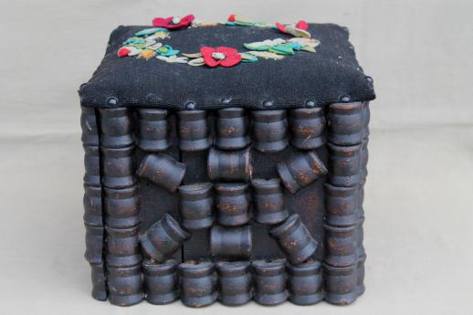 photo of antique tramp art wood spool sewing stool, primitive hassock w/ wool felt flowers #4