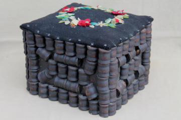 catalog photo of antique tramp art wood spool sewing stool, primitive hassock w/ wool felt flowers