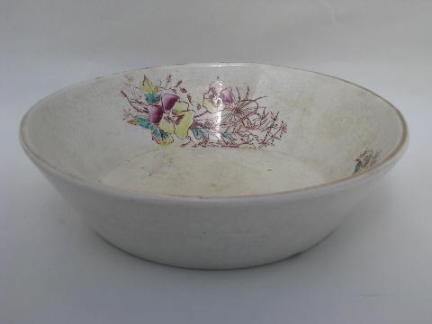 photo of antique transferware china bowl, cream pan shape, pansies #1