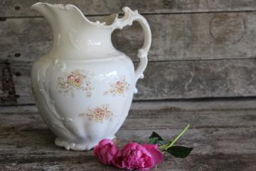 catalog photo of antique transferware china water pitcher, shabby cottage chic wildflowers floral