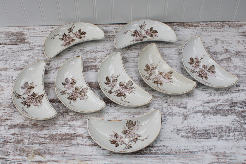 photo of antique transferware ironstone china crescent shape plates bone dishes, pink & brown floral #1