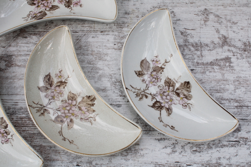 photo of antique transferware ironstone china crescent shape plates bone dishes, pink & brown floral #3