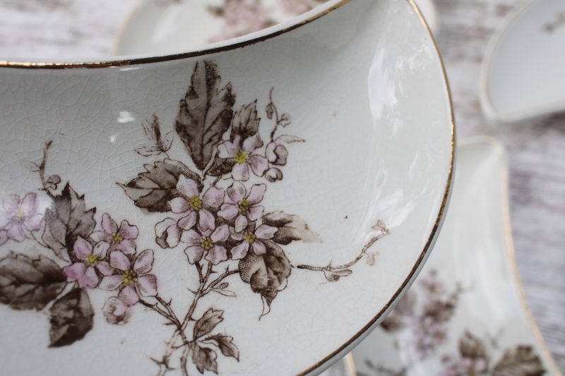 photo of antique transferware ironstone china crescent shape plates bone dishes, pink & brown floral #4