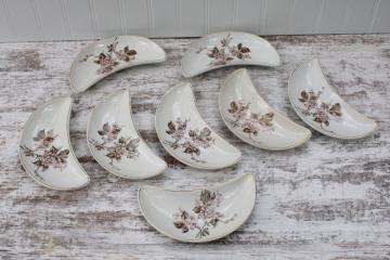 catalog photo of antique transferware ironstone china crescent shape plates bone dishes, pink & brown floral