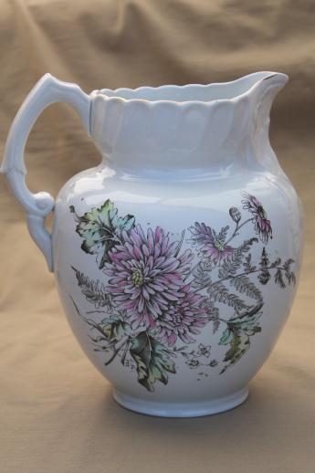 photo of antique transferware wash pitcher water jug, multi-colored floral pattern #5