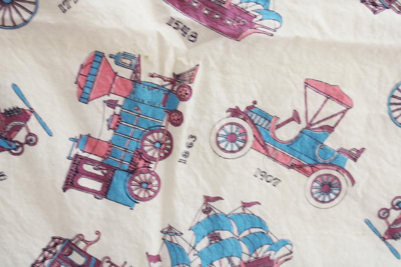 photo of antique transportion vehicles print sheeting weight cotton fabric, mid-century vintage  #4