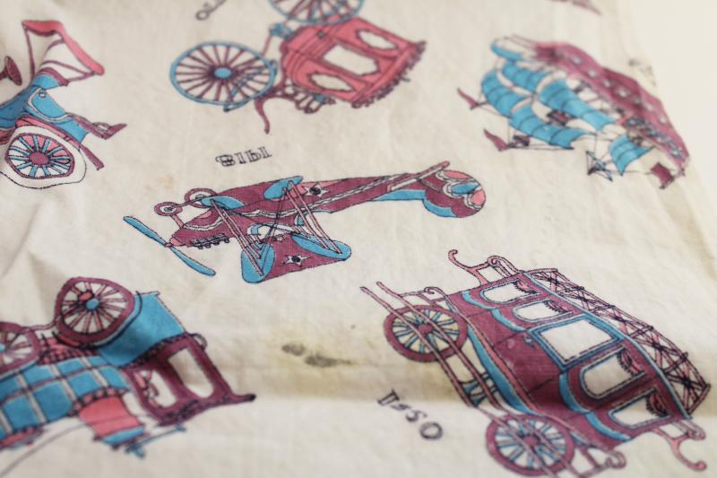 photo of antique transportion vehicles print sheeting weight cotton fabric, mid-century vintage  #5