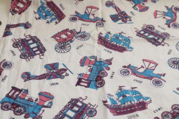 antique transportion vehicles print sheeting weight cotton fabric, mid-century vintage 