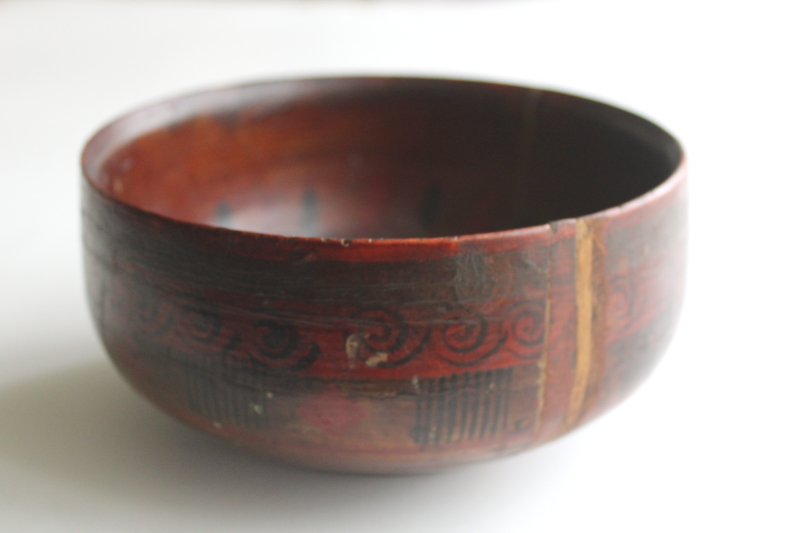 photo of antique treenware, Russian folk art hand painted turned wood bowl, cracked & mended vintage heirloom  #2