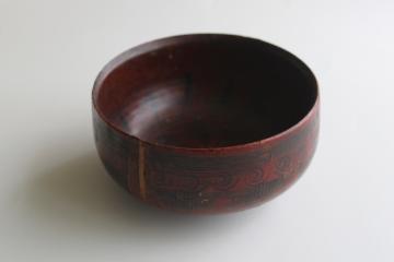 catalog photo of antique treenware, Russian folk art hand painted turned wood bowl, cracked & mended vintage heirloom 