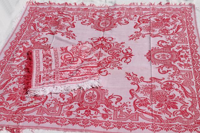 photo of antique turkey red & white linen damask tablecloths, shabby vintage fabric for cutters #1