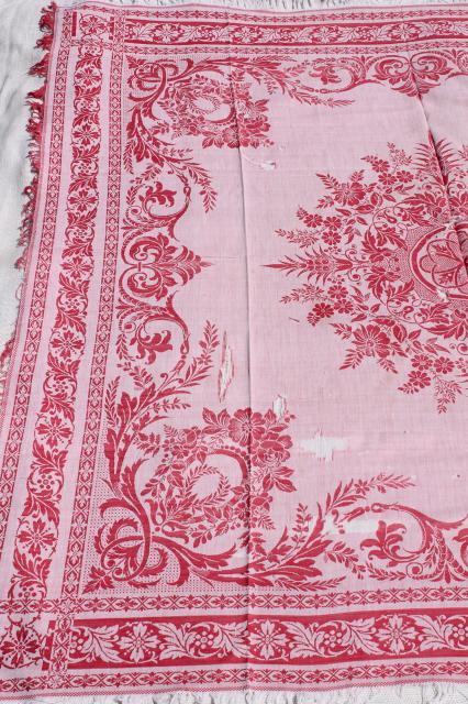 photo of antique turkey red & white linen damask tablecloths, shabby vintage fabric for cutters #3