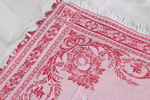 photo of antique turkey red & white linen damask tablecloths, shabby vintage fabric for cutters #6