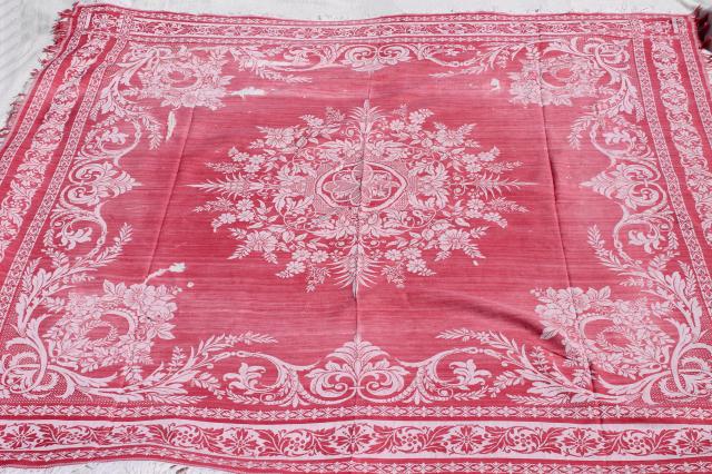 photo of antique turkey red & white linen damask tablecloths, shabby vintage fabric for cutters #7