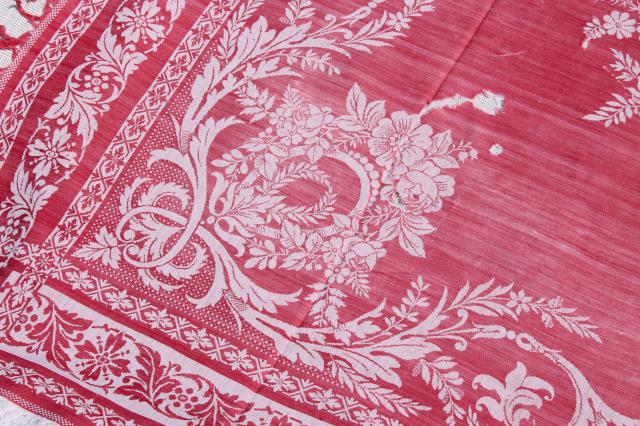 photo of antique turkey red & white linen damask tablecloths, shabby vintage fabric for cutters #8