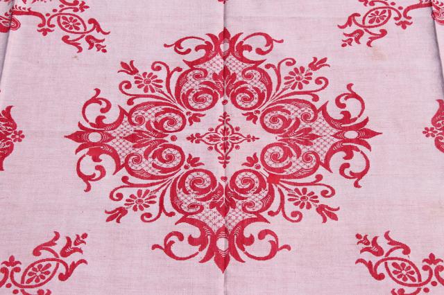 photo of antique turkey red & white linen damask tablecloths, shabby vintage fabric for cutters #11