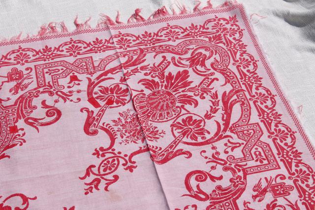 photo of antique turkey red & white linen damask tablecloths, shabby vintage fabric for cutters #12