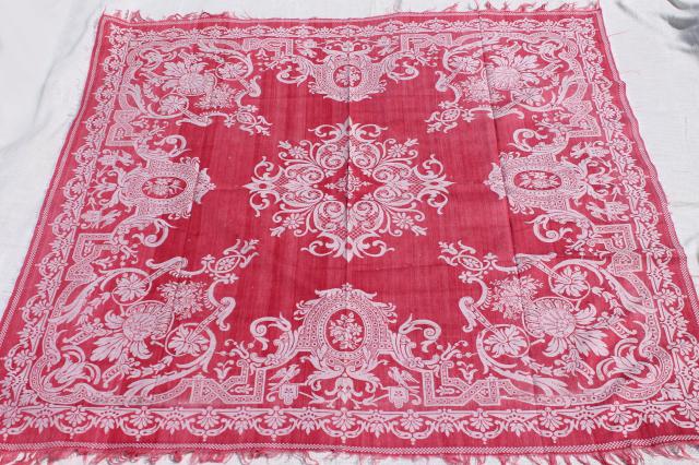 photo of antique turkey red & white linen damask tablecloths, shabby vintage fabric for cutters #14