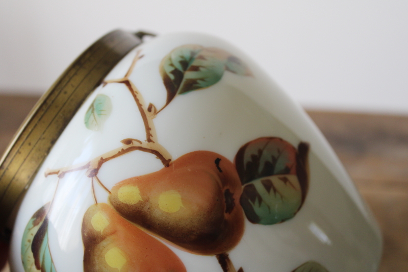 photo of antique turn of the century opal glass biscuit jar, opaline glass w/ amber pears fruit  #2