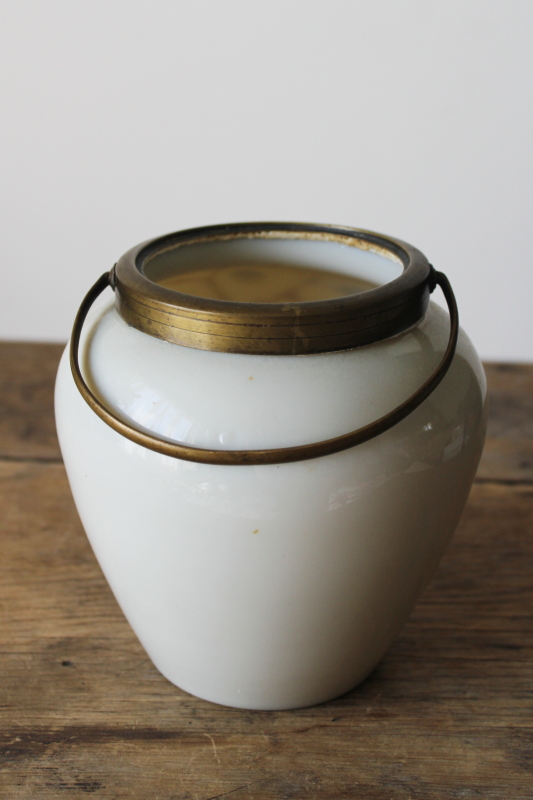 photo of antique turn of the century opal glass biscuit jar, opaline glass w/ amber pears fruit  #3