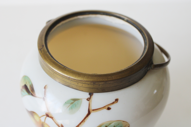 photo of antique turn of the century opal glass biscuit jar, opaline glass w/ amber pears fruit  #7