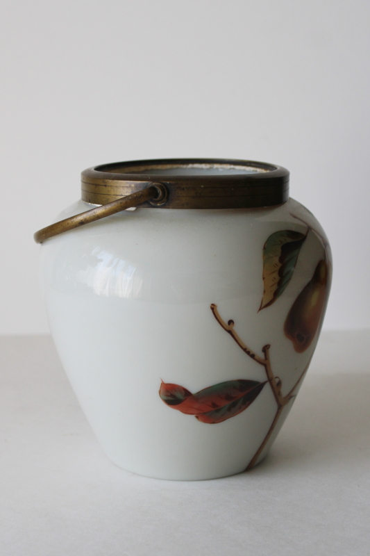 photo of antique turn of the century opal glass biscuit jar, opaline glass w/ amber pears fruit  #8