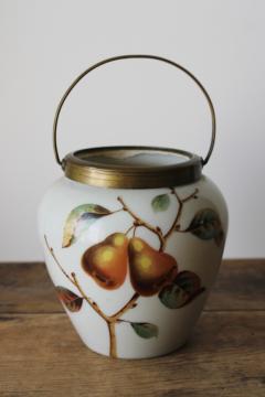 antique turn of the century opal glass biscuit jar, opaline glass w/ amber pears fruit 