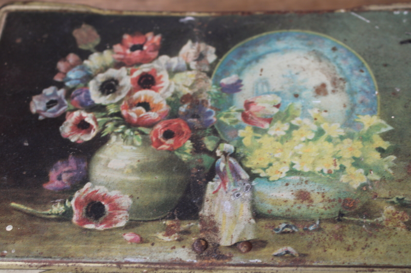 photo of antique turn of the century tins, Victorian style birds print & floral still life art  #2