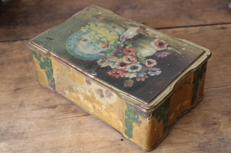 photo of antique turn of the century tins, Victorian style birds print & floral still life art  #3