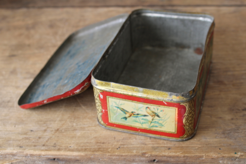 photo of antique turn of the century tins, Victorian style birds print & floral still life art  #9