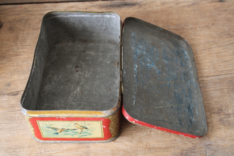 photo of antique turn of the century tins, Victorian style birds print & floral still life art  #10