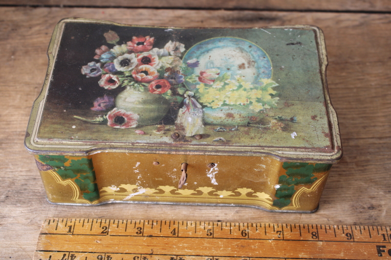 photo of antique turn of the century tins, Victorian style birds print & floral still life art  #14