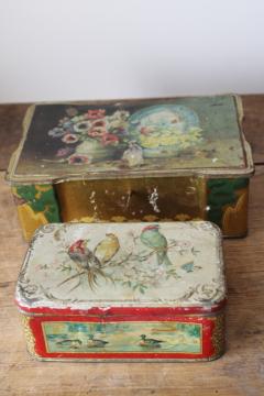 catalog photo of antique turn of the century tins, Victorian style birds print & floral still life art 