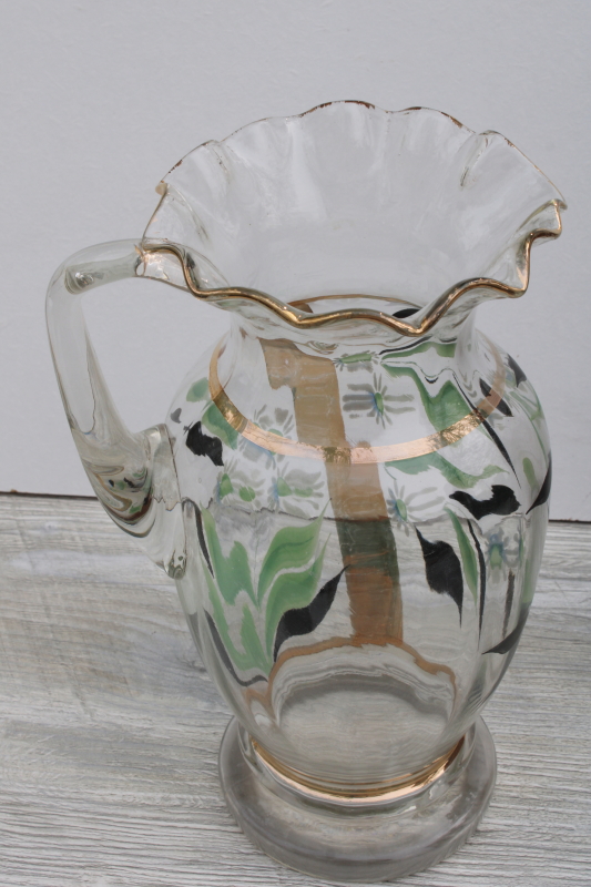 photo of antique turn of the century vintage glass pitcher w/ hand painted enamel, Victorian style #3