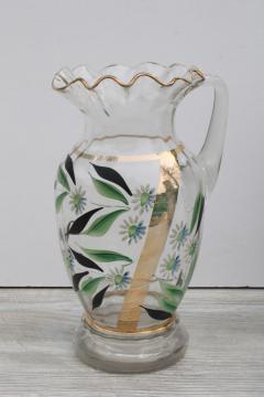 catalog photo of antique turn of the century vintage glass pitcher w/ hand painted enamel, Victorian style