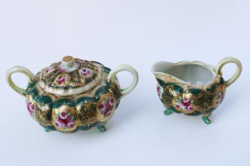 antique unmarked Nippon hand painted porcelain cream & sugar set, gold moriage Victorian floral