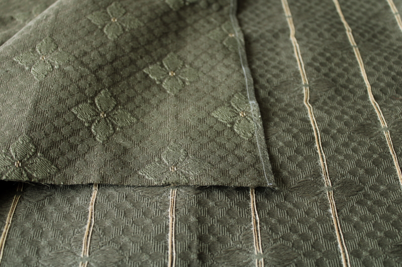 photo of antique upholstery fabric, dark olive green flowers woven jacquard cotton 1920s vintage #1